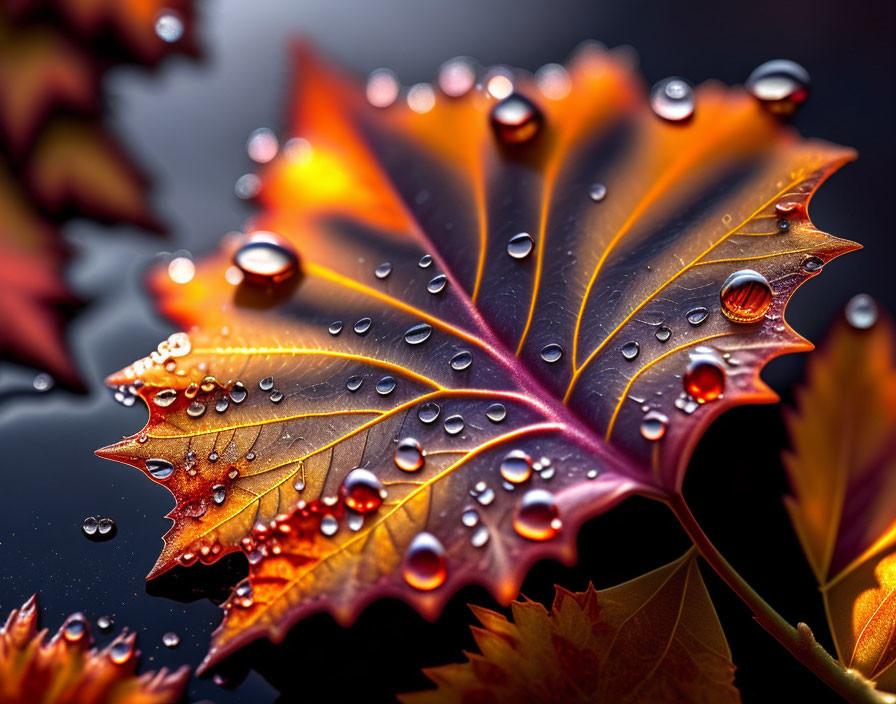 Colorful autumn leaf with water droplets on dark background and reflections.