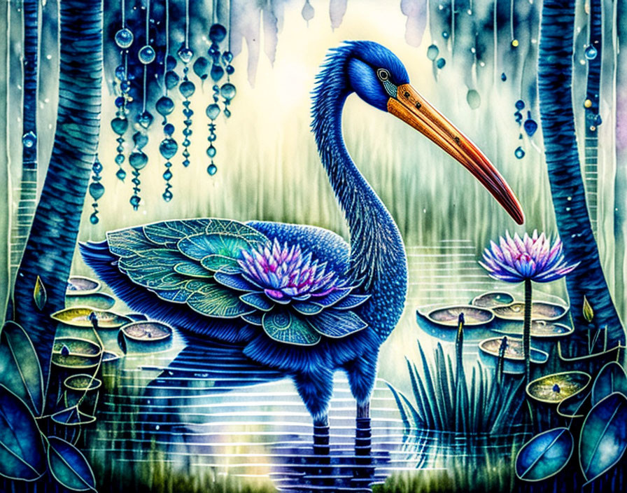 Colorful Heron in Water with Lotus Flowers and Magical Forest Background