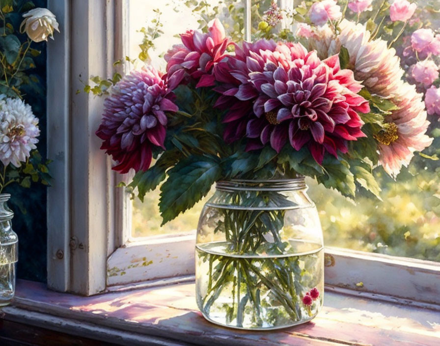 Pink and White Dahlias in Glass Jar Sunlit by Window