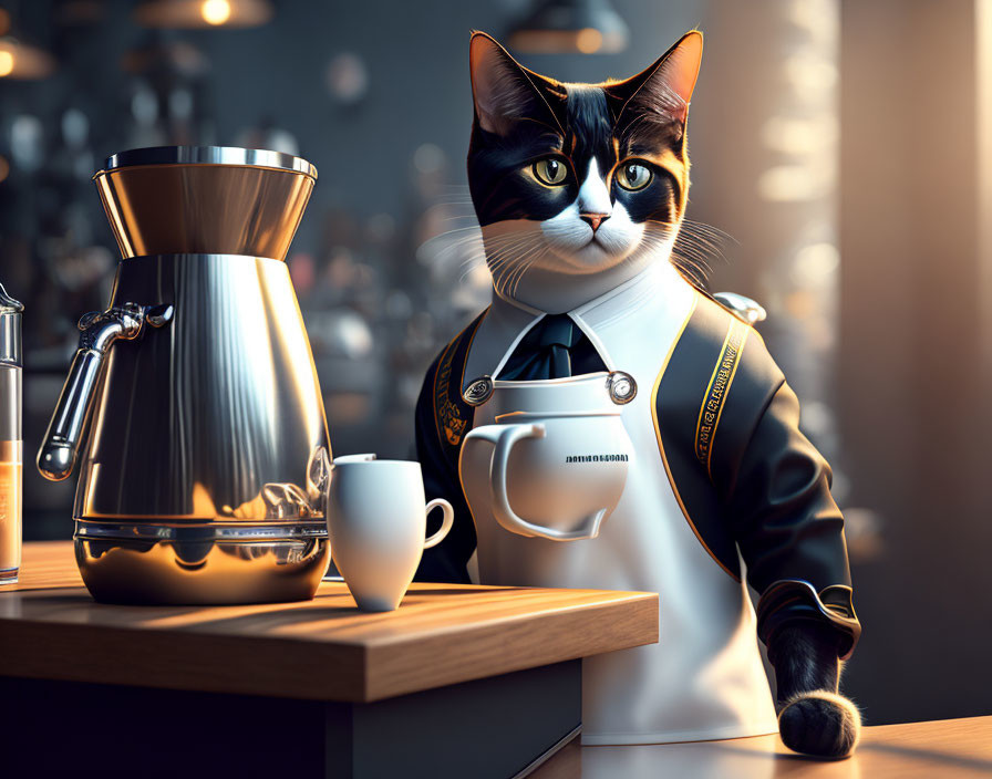 Anthropomorphic Cat Barista in Suit Serving Coffee in Cozy Café