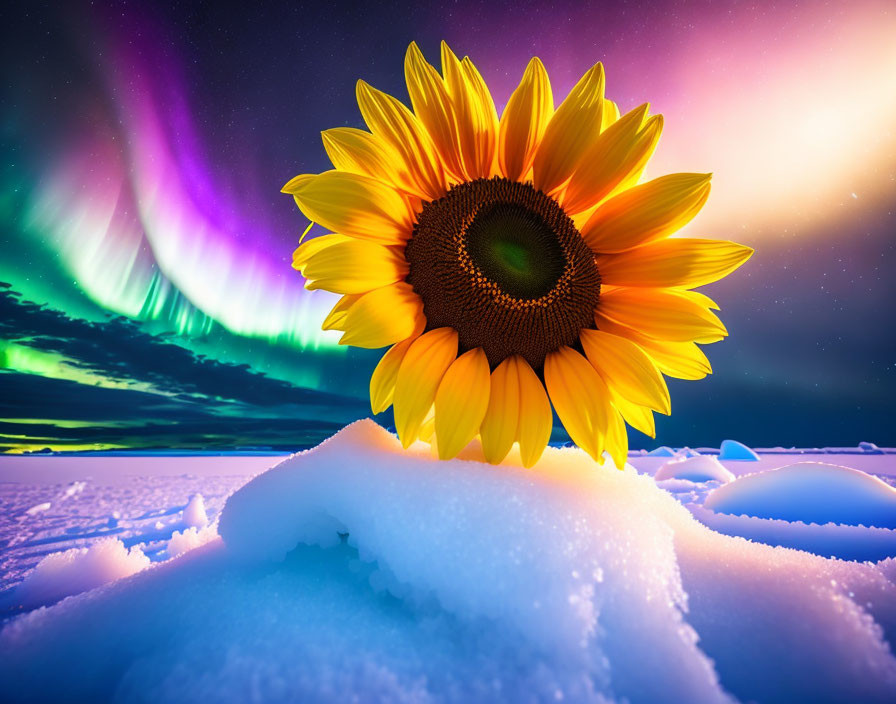 Sunflower in snow with aurora borealis sky