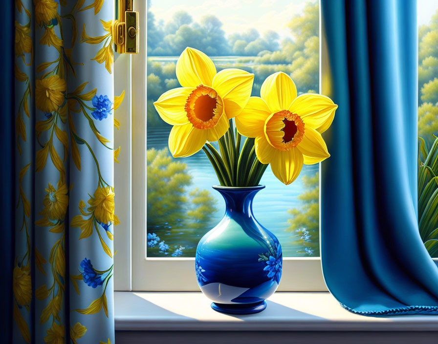 Blue Vase with Yellow Daffodils on Windowsill Overlooking Lake