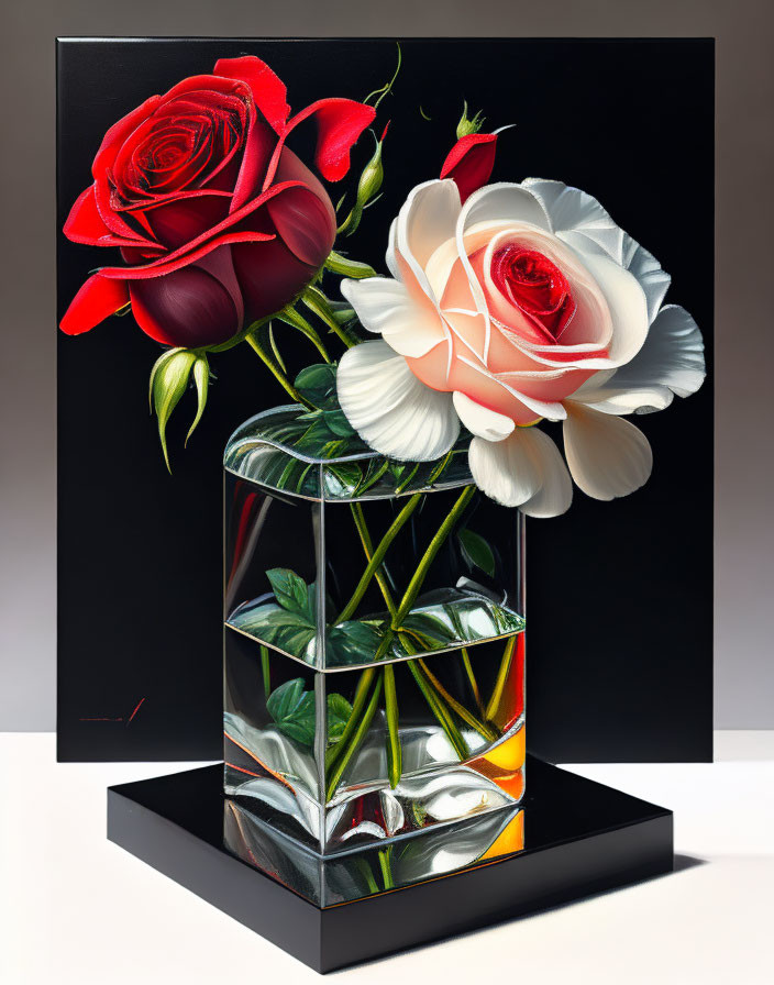 Hyperrealistic Painting of Red and White Roses in Glass Vase