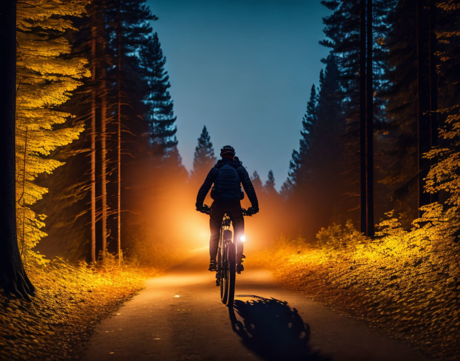 Cyclist riding forest path at night with bike light and warm glow