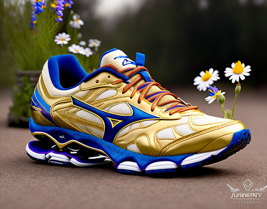 Gold and Blue Sneaker with Intricate Designs and Swoosh Logo on Flower Path