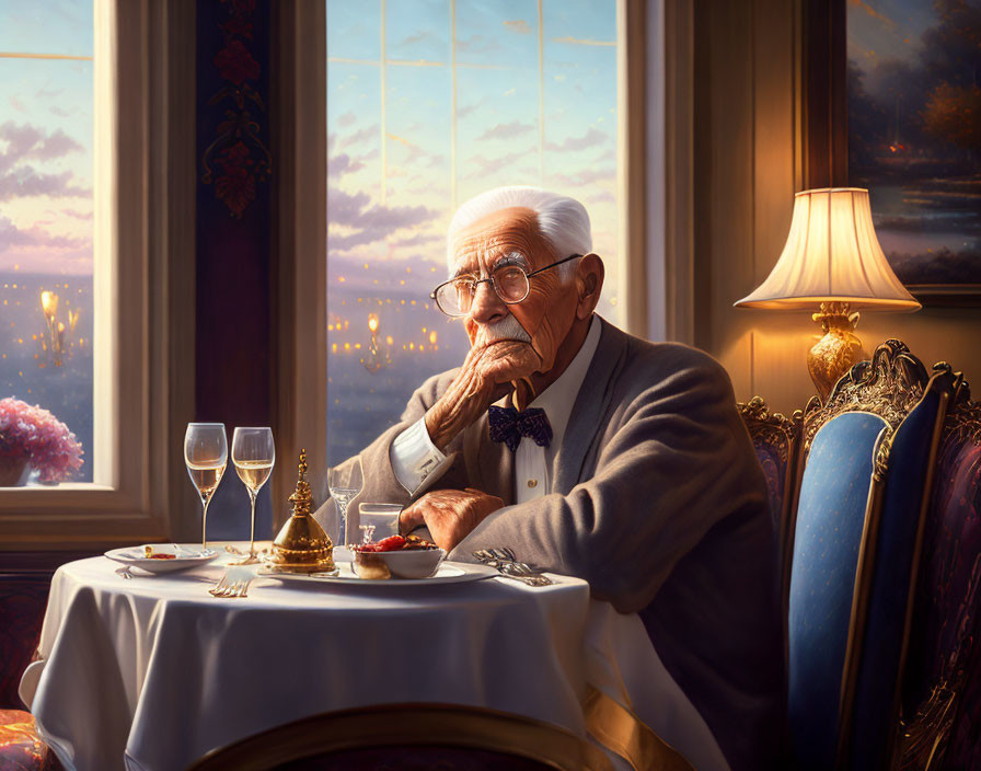 Elderly man in suit dining alone in elegant room with sunset view