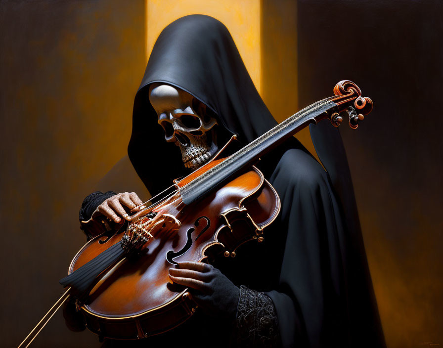 Skeleton in Dark Cloak Plays Violin on Golden-Brown Background