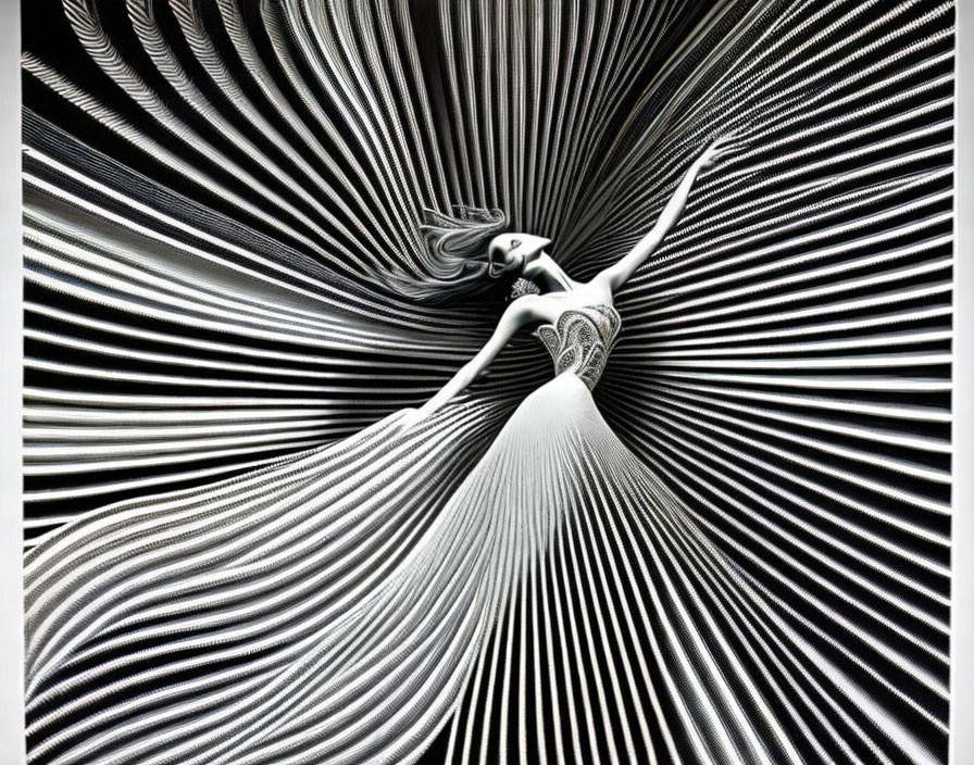 Monochromatic artwork: person with extended arms in abstract black and white patterns