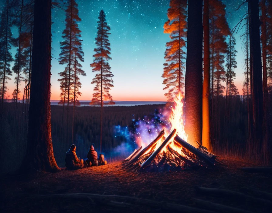 Nighttime campfire scene in forest with two people under starry sky