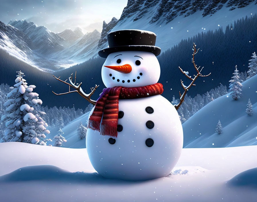 Cheerful snowman in black hat, orange nose, red scarf, snowy mountain landscape