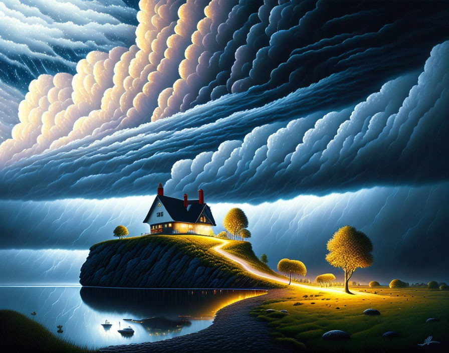 Surreal landscape: cottage on cliff, dramatic sky, rolling clouds, lightning strikes, calm water