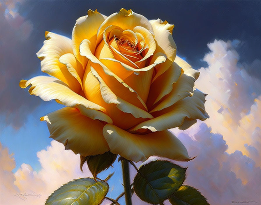 Detailed Yellow Rose Bloom on Blue Sky with Clouds