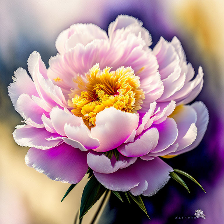 Close-up of Vibrant Pink and White Peony with Golden-Yellow Stamens