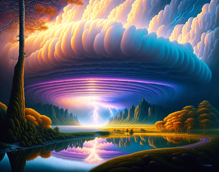 Surreal landscape with layered clouds, lightning, serene lake, colorful trees