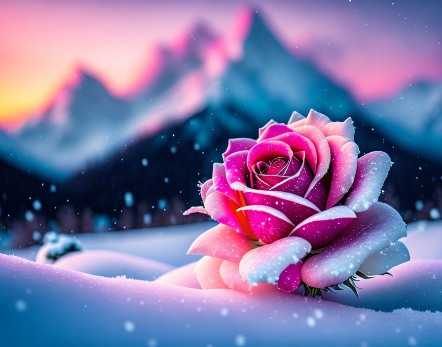 Pink rose with snowflakes against snowy mountains at twilight