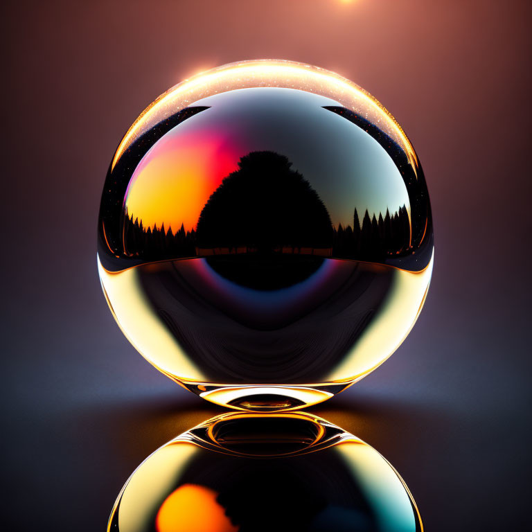 Reflective Sphere Distorting Sunset and Silhouetted Trees