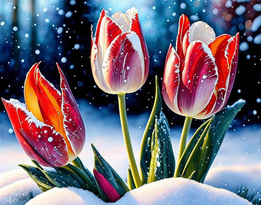 Red and White Tulips in Snowy Scene with Falling Snowflakes