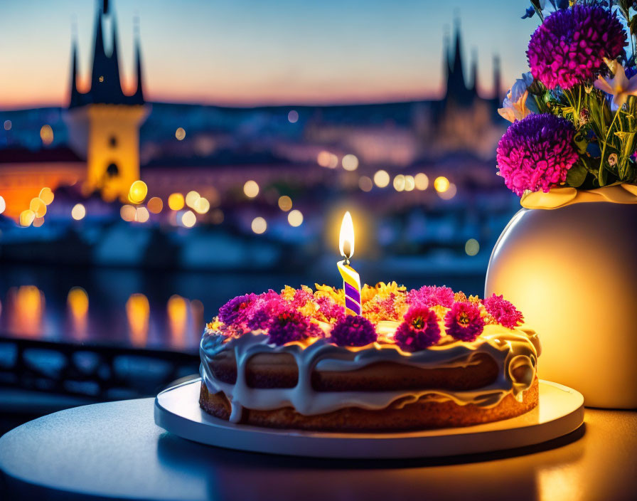 Birthday cake with lit candle and pink flower decorations on table with cityscape at twilight.