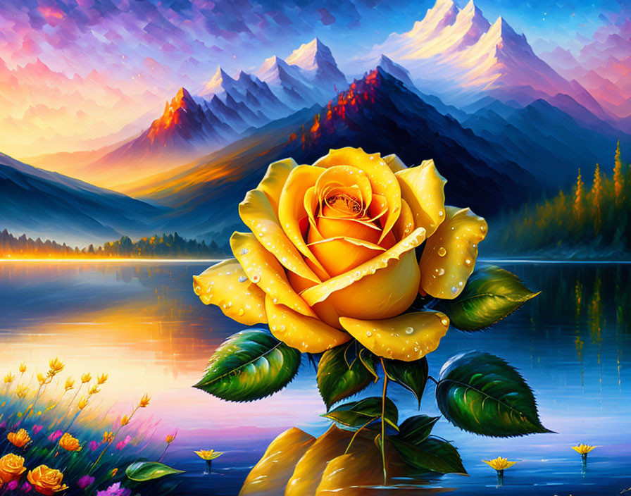 Large yellow rose painting with dew drops, serene lake, sunset skies, mountain peaks