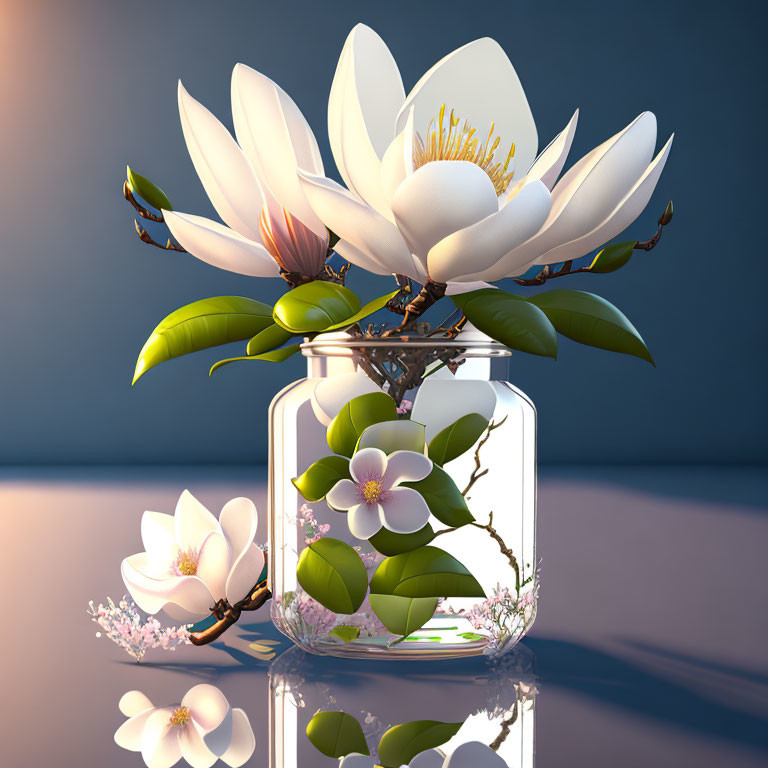 Digital image of magnolia flower arrangement in clear jar with reflection.