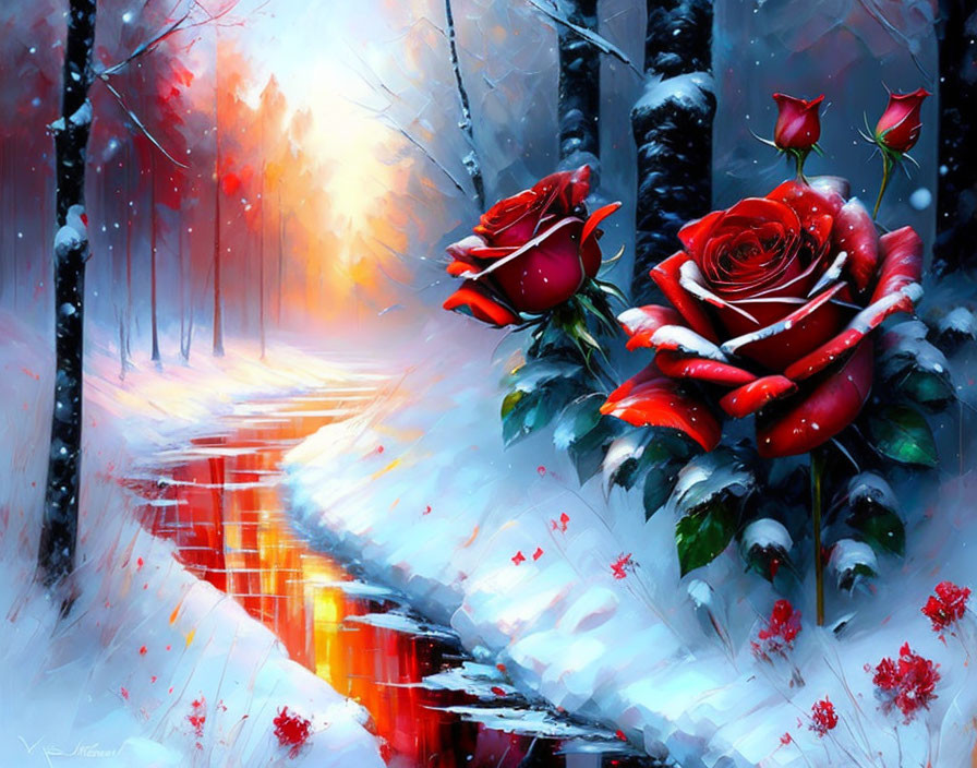 Winter Scene Artwork: Snow-covered trees, red pathway, and dewy red roses