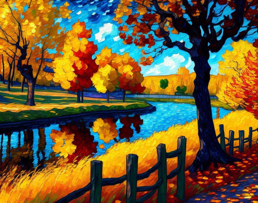 Impressionistic autumn trees painting with orange and yellow leaves by serene river