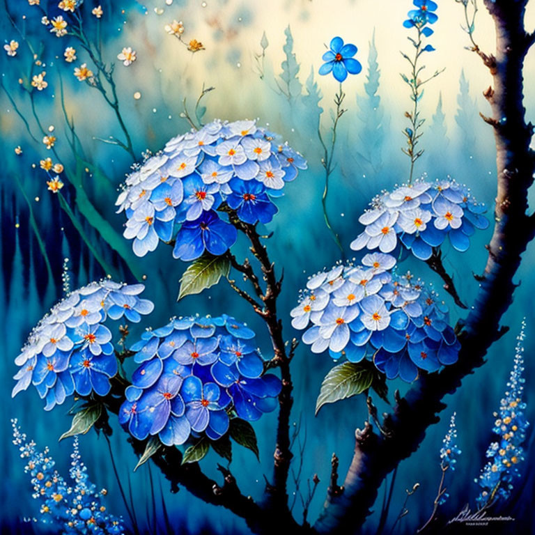 Blue hydrangea flowers painting in mystical forest setting