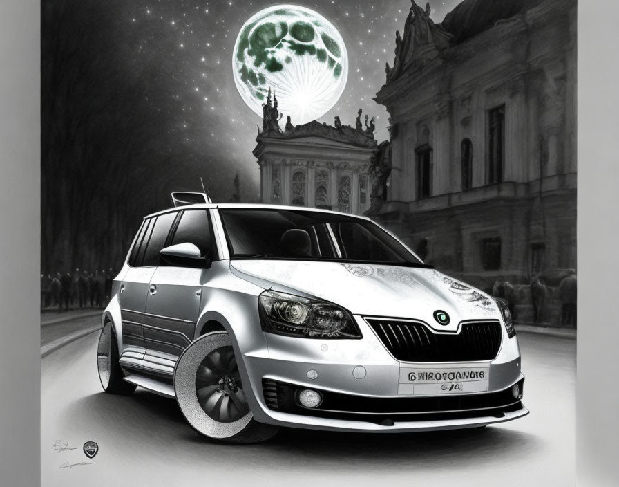 Monochrome Škoda car illustration in urban night scene