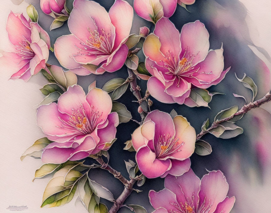 Delicate Pink Blossoms Watercolor Painting