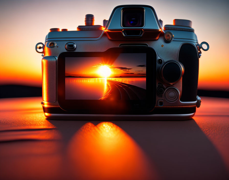 DSLR camera capturing sunset over road with screen display against sunset backdrop