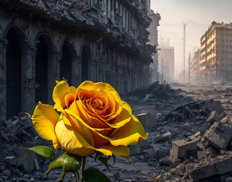 Yellow Rose Against War-Ravaged Street Scenery