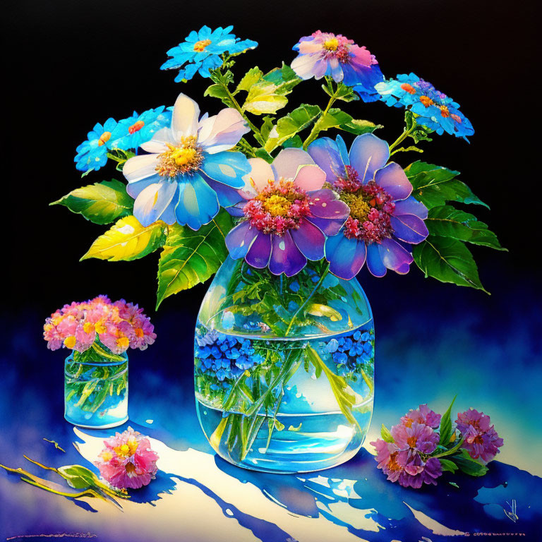 Colorful painting: Blue and purple flowers in glass vases on dark background