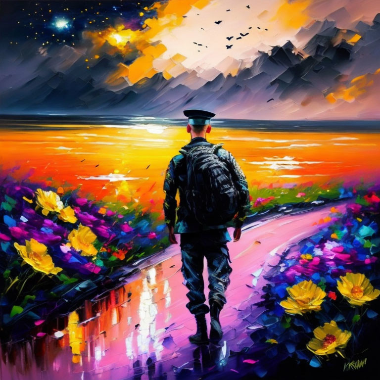 Uniformed person on flower-lined path at sunset with stars and wet road.