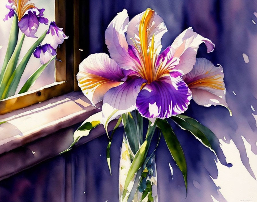 Purple and White Irises Watercolor Painting by Window