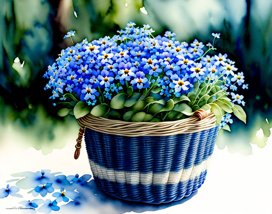 Blue and White Striped Basket with Forget-Me-Not Flowers in Watercolor