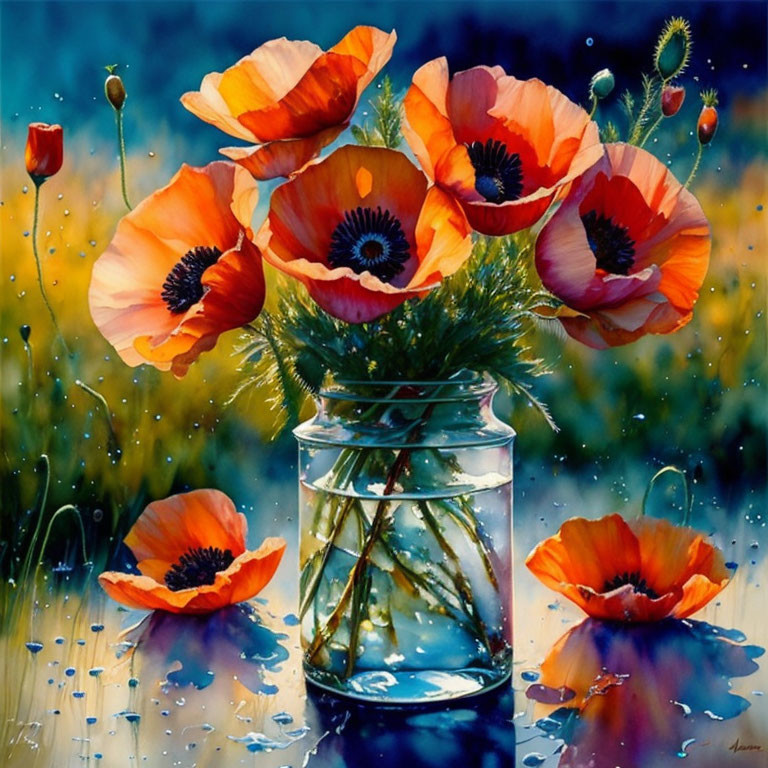 Vivid painting of orange-red poppies in glass jar against blue-green backdrop