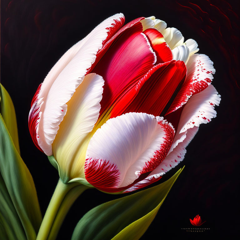 Vibrant red and white tulip with fringed edges on dark background