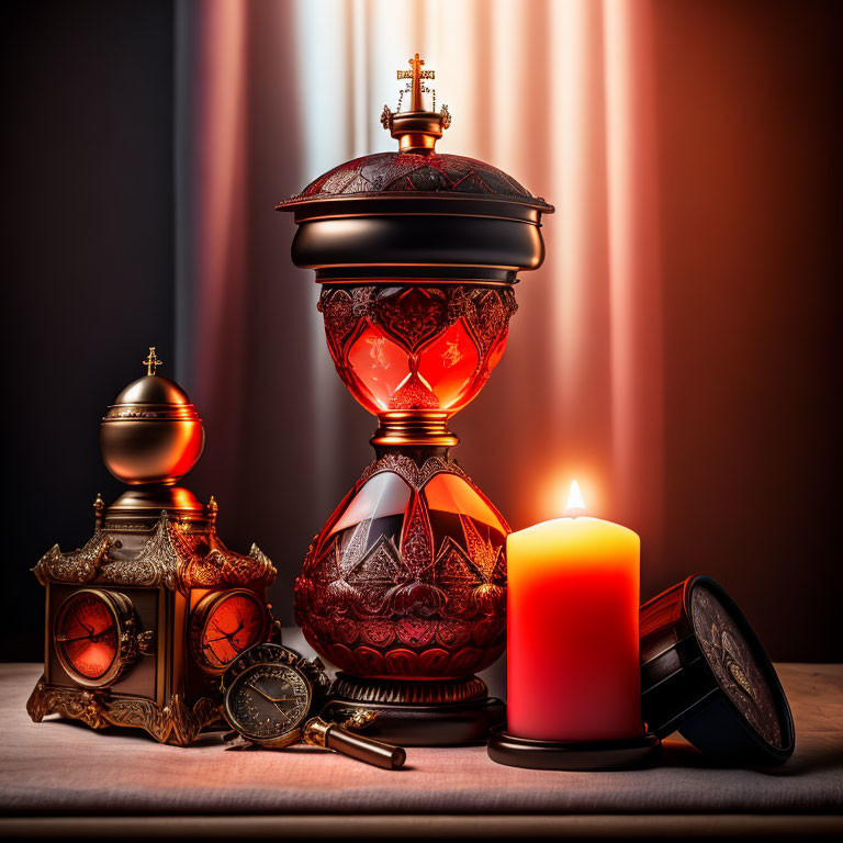 Luxurious Red and Gold Incense Burner with Clock, Compass, Candle, and Magnifying Glass