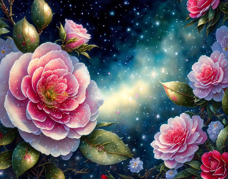 Pink Flowers Blooming in Starry Night Sky