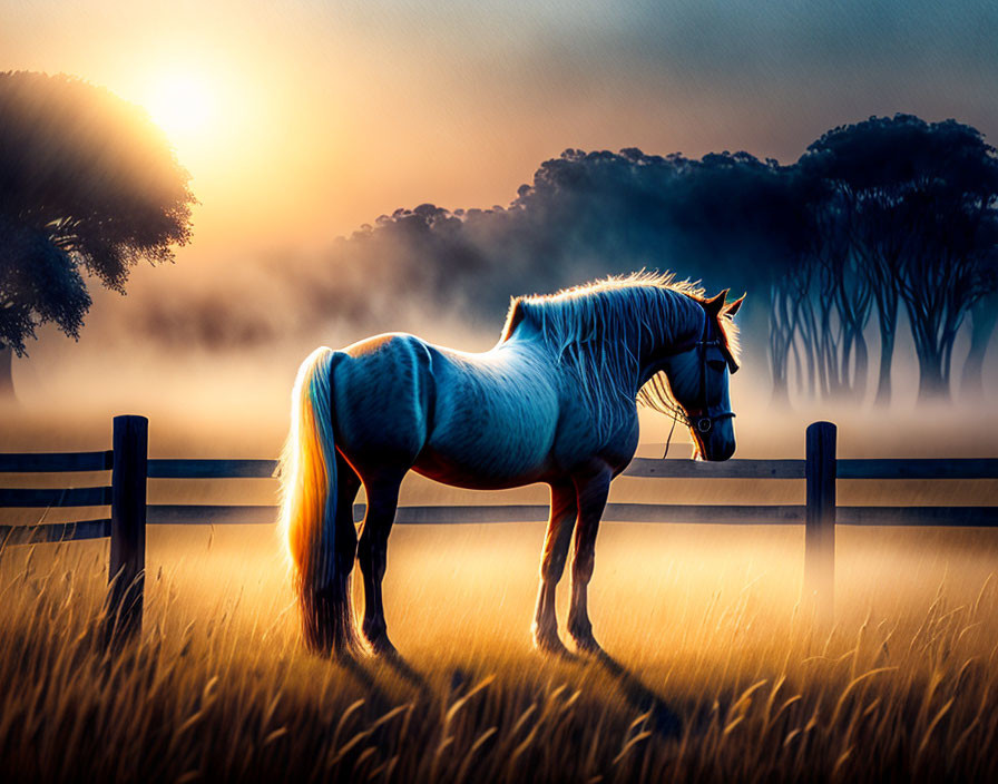 White Horse in Misty Field at Sunrise with Silhouetted Trees