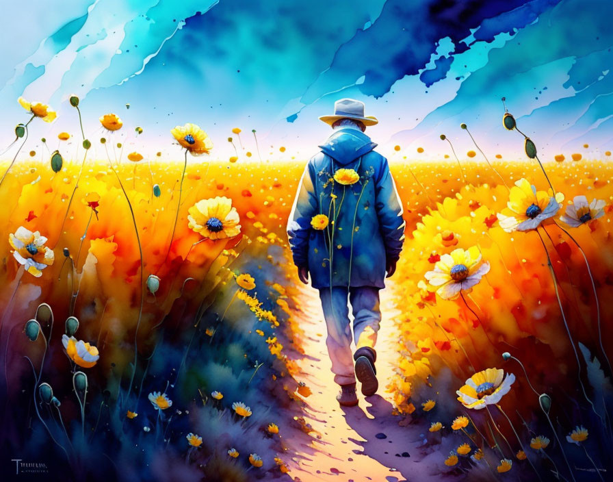 Person walking on vibrant path with golden flowers under stormy sky