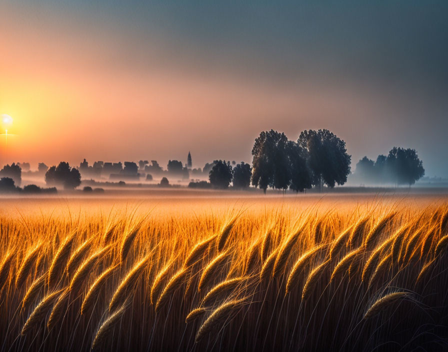 Serene sunrise over misty field with golden wheat and silhouetted trees