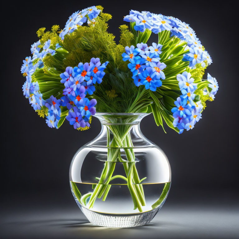 Blue and White Flower Bouquet in Clear Glass Vase