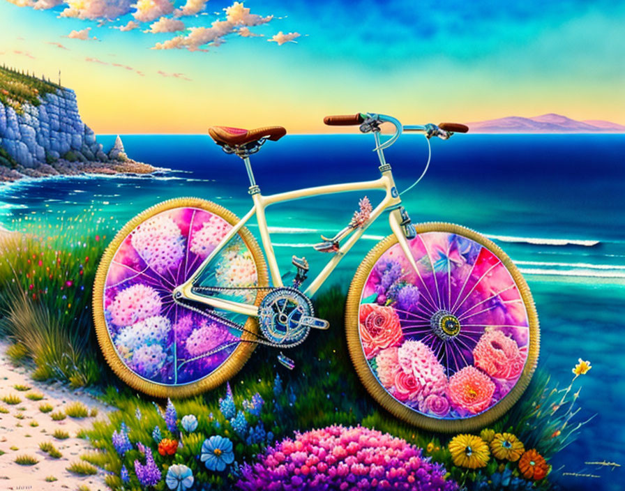 Colorful Bicycle with Flower-Filled Wheels by Serene Seaside