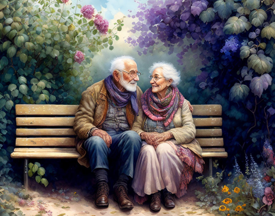 Elderly couple smiling on park bench amidst lush foliage