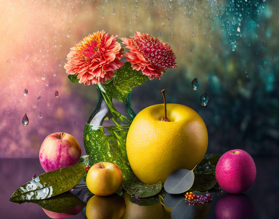 Colorful Flowers, Fresh Fruits, Raindrops: Vibrant Still Life Scene