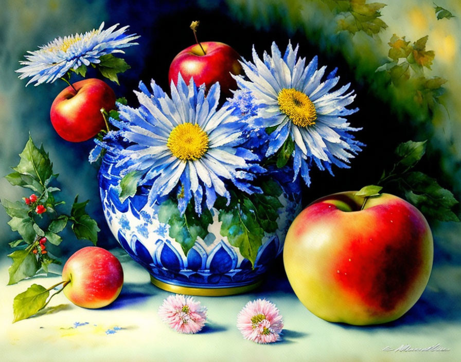 Colorful watercolor painting of porcelain bowl with daisies, apples, and petals