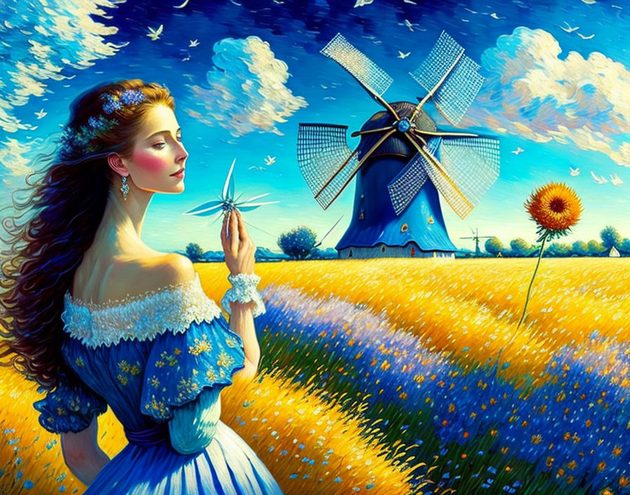 Woman in Blue Dress Surrounded by Blue Flowers and Windmill Landscape