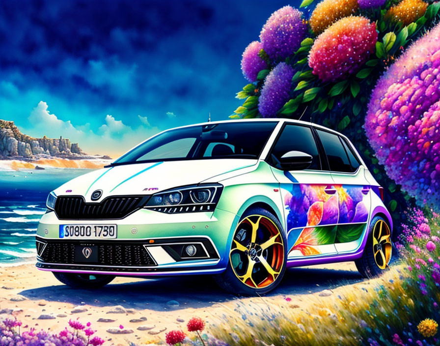 Vibrant floral patterned car parked by lush beach trees