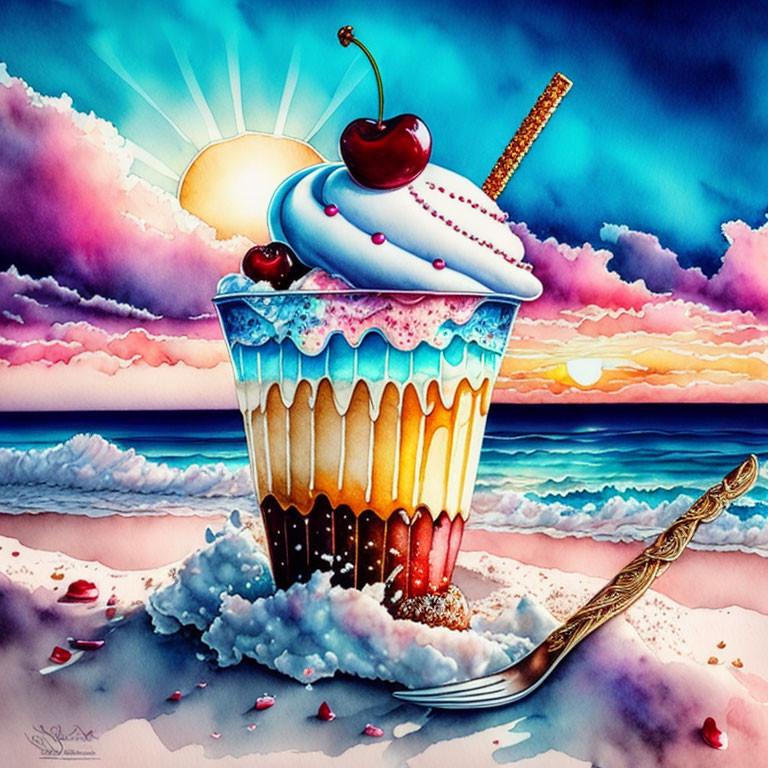 Vibrant sunset beach scene with colorful ice cream sundae